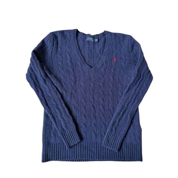 POLO RALPH LAUREN sweater Twist knit wool cashmere V-neck Blue size M - Picture 2 of 10
